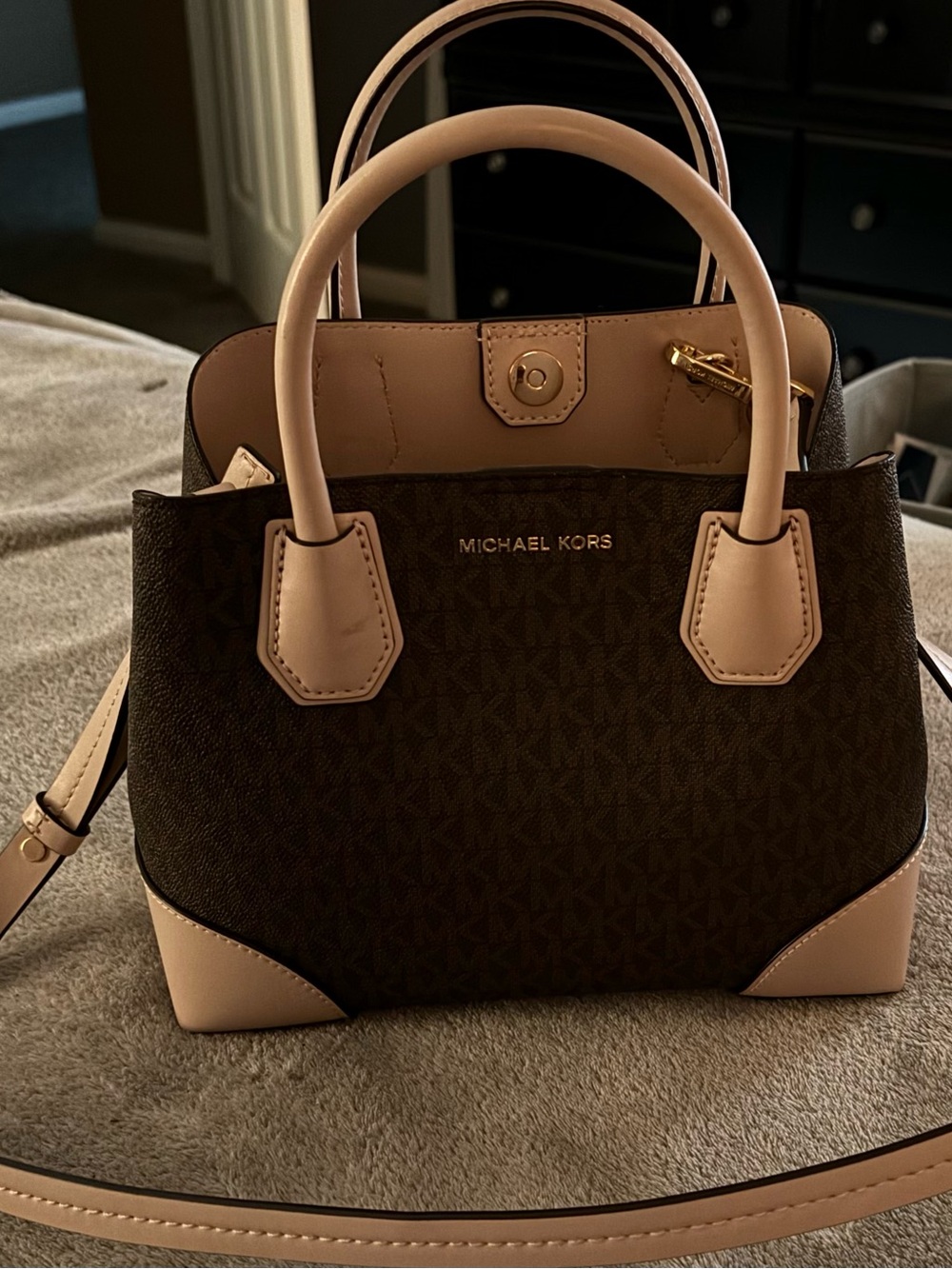 Michael Kors Brown & Blush Logo Satchel with Gold Hardware